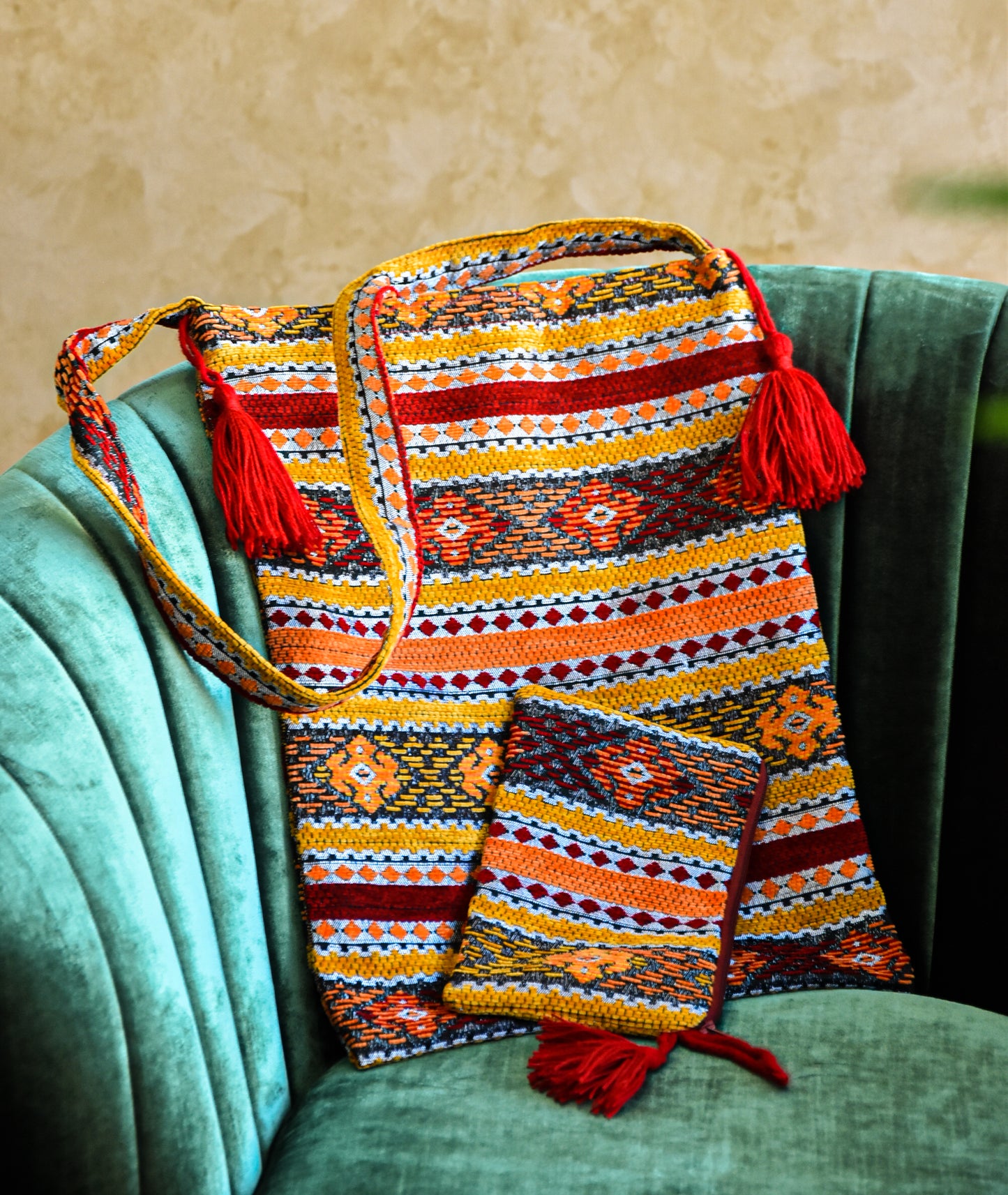 Ensemble sac bandoulière et pochette artisanale – Tissage traditionnel
